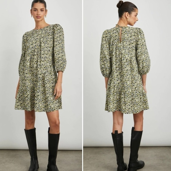 Rails Louise Mini Dress XS chrysanthemum floral green ruffle poplin 3/4 sleeve - Picture 1 of 12